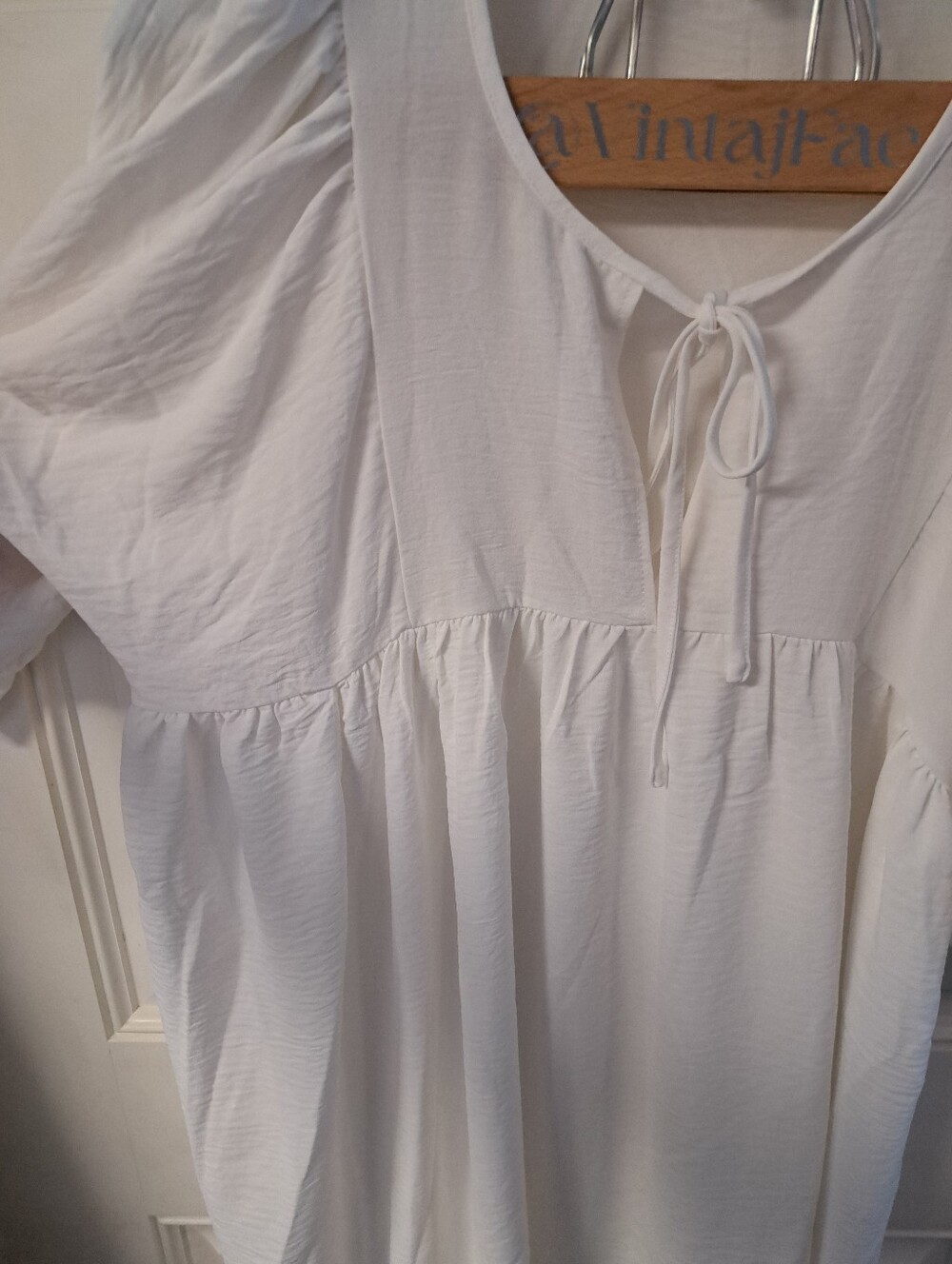 White Peasant Midi Dress with Tie Neck - Picture 3 of 7
